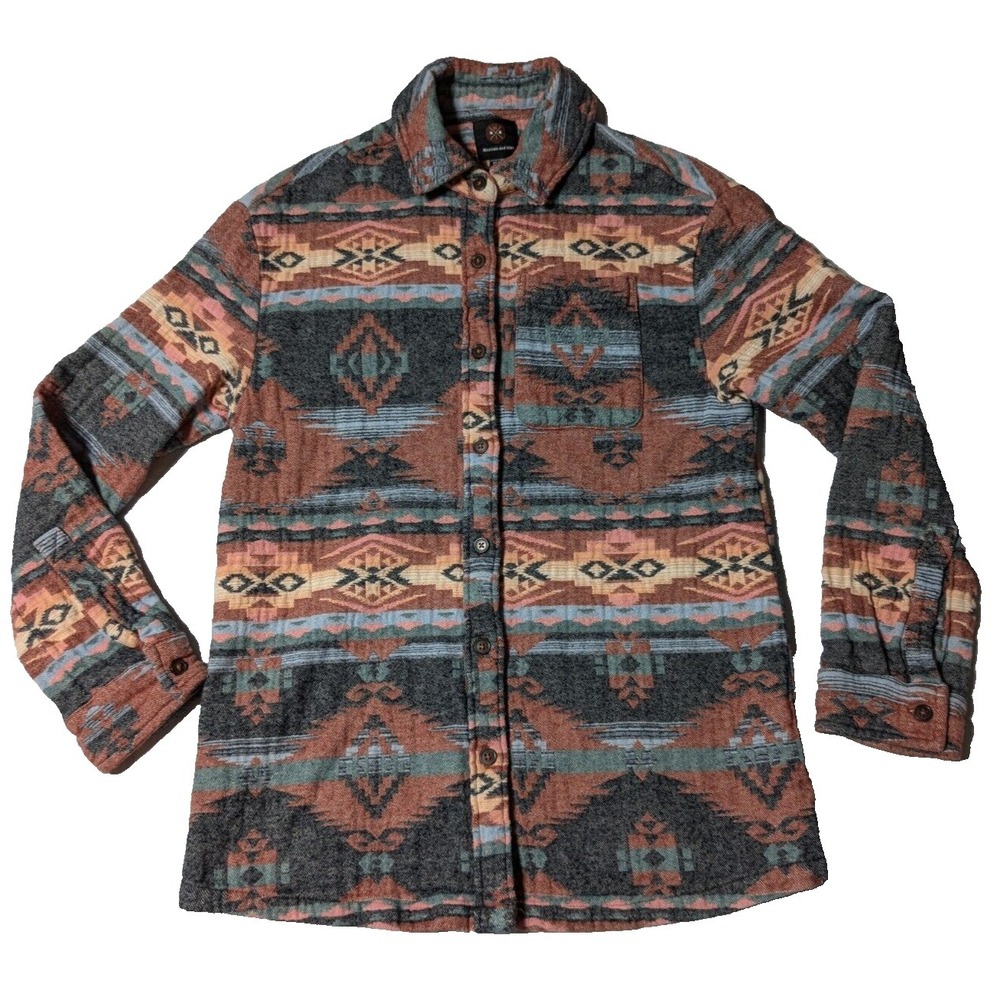 MOUNTAIN AND ISLES Southwestern AZTEK AOP Women Size XS Cotton Flannel Shirt